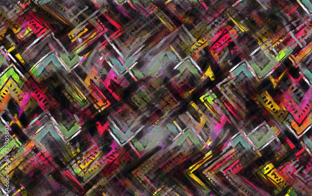Psychedelic imprint of the abstract marker paint blots and triangle lines concept in grunge style, color texture. Psychedelic imprint of the abstract marker paint blots and triangle lines concept in grunge style, color texture.