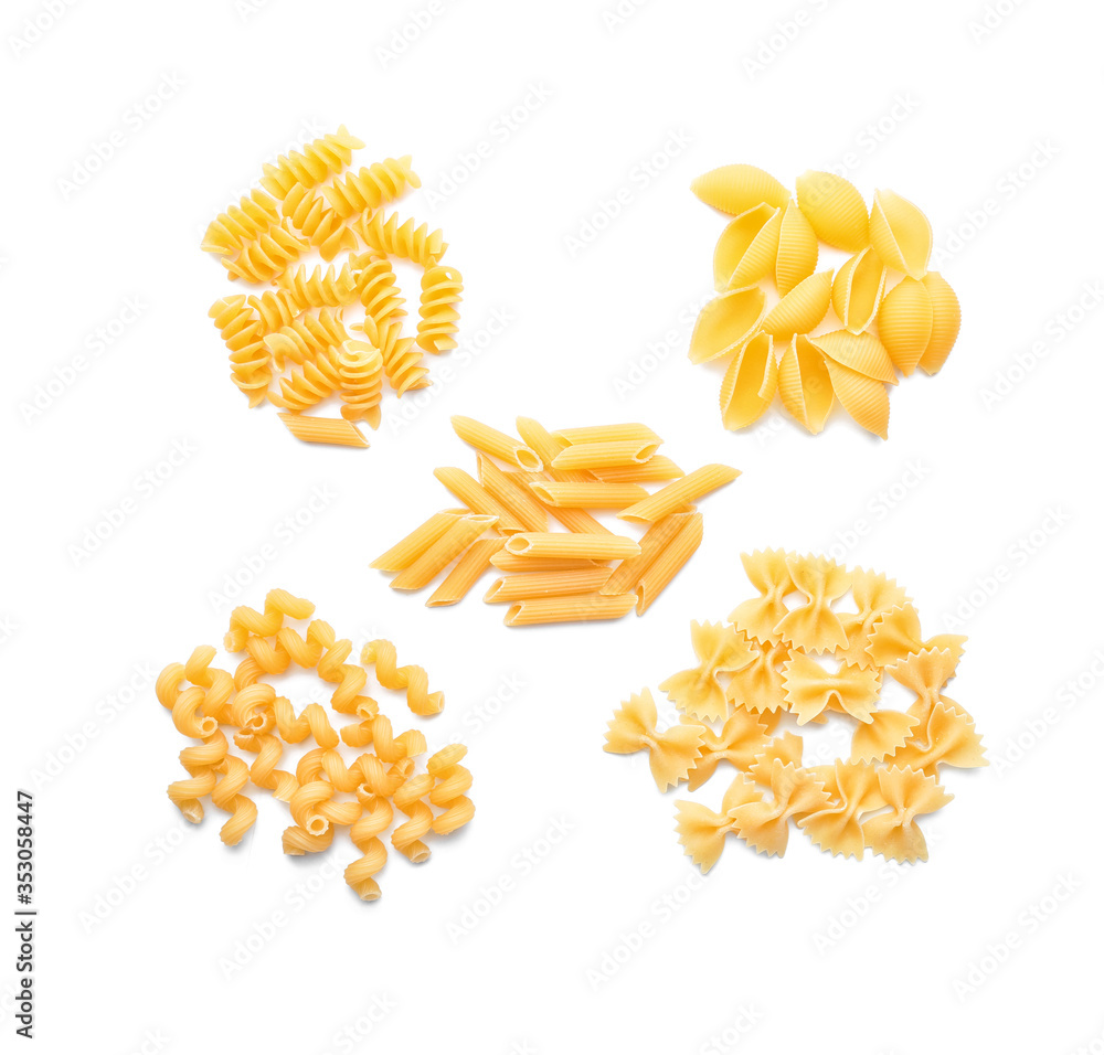 Different uncooked pasta on white background Different uncooked pasta on white background