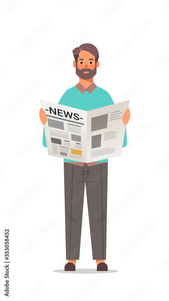 man holding newspaper reading daily news press mass media concept full length vertical vector illustration