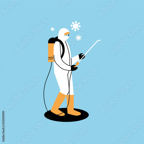 man wears protective suit, disinfection by coronavirus or covid 19