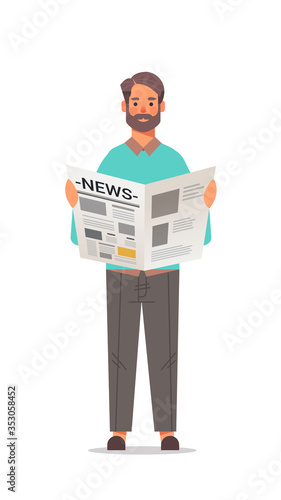 man holding newspaper reading daily news press mass media concept full length vertical vector illustration