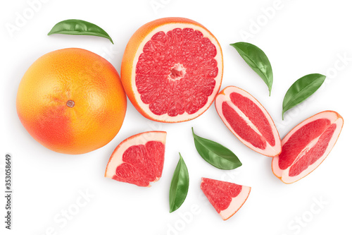 Grapefruit and slices with leaves isolated on white background. Top view. Flat lay. With clipping path and full depth of field