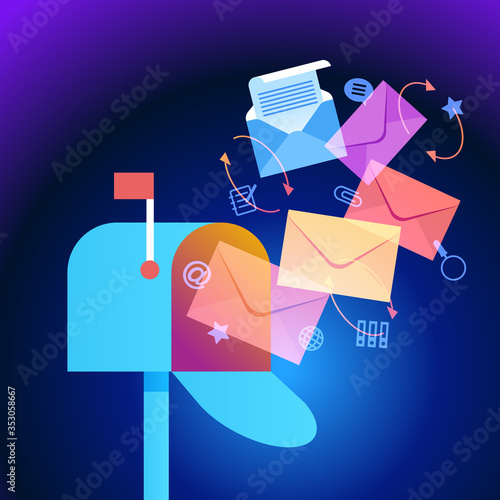 E-mail concept . Marketing e-mail . Mailbox and colored envelopes surrounded by icons . File is saved in AI10 EPS version. This illustration contains a transparency 