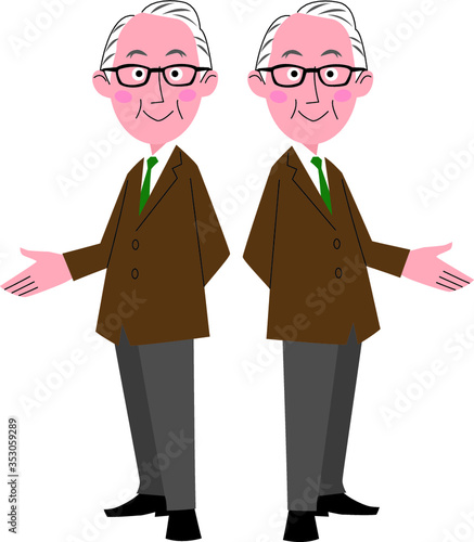 物を紹介する男性シニア