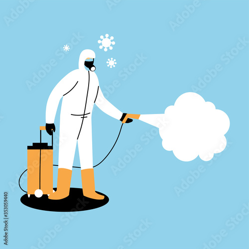 man wears protective suit, disinfection by coronavirus or covid 19