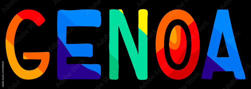 Genoa. Multicolored bright funny cartoon colorful contrast isolated inscription. Genoa Naples for prints on clothing, t-shirts, banner, flyer, cards, souvenir. Rainbow colors. Stock vector picture.