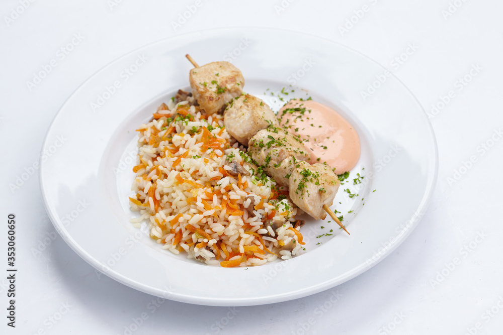 chicken kebab with rice and vegetables chicken kebab with rice and vegetables