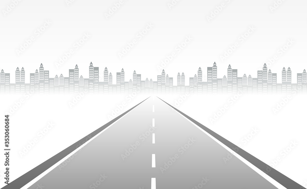 Roadway journey to the future. Asphalt street isolated on city background. Symbols Way to the goal of the end point. Path mean successful business planning Suitable for advertising and presentstation