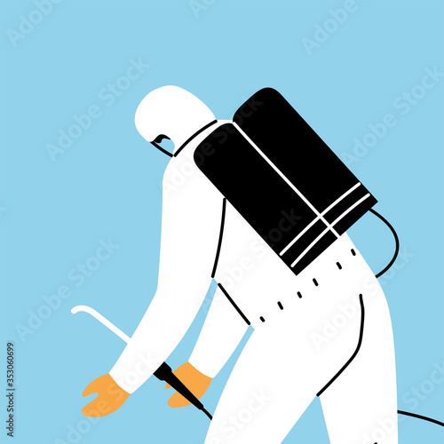 man wears protective suit, disinfection by coronavirus or covid 19