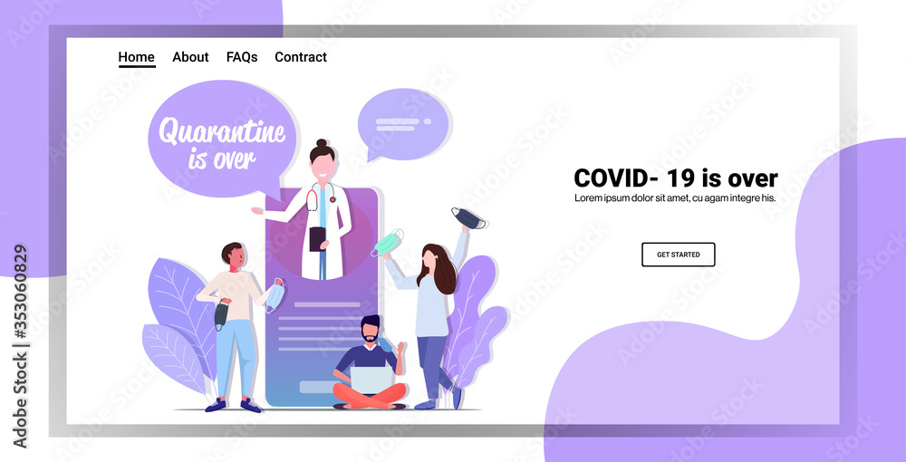 doctor with quarantine is over speech on smartphone screen people celebrating ending covid-19 pandemic online medical consultation concept horizontal copy space vector illustration