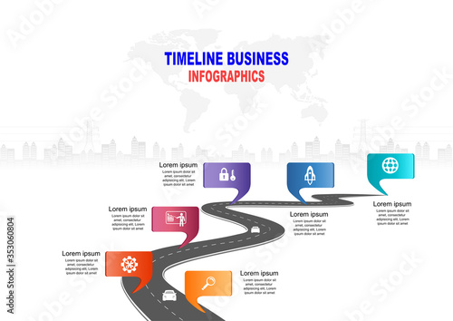 Vector template infographic Timeline of business operations with flags and placeholders on curved roads. Symbols, steps for successful business planning Suitable for advertising and presentations.