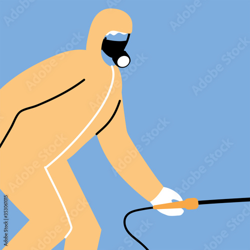 man wears protective suit, disinfection by coronavirus or covid 19