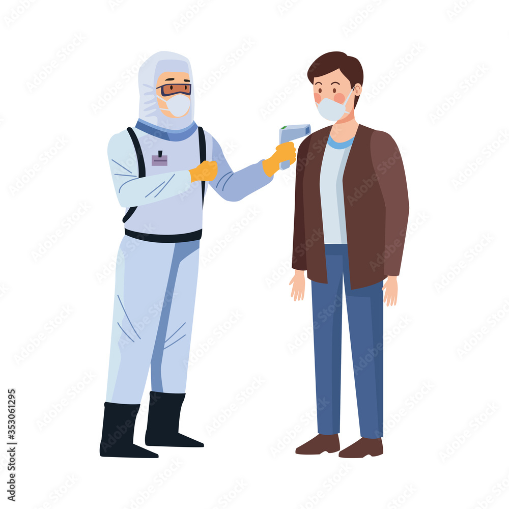 biosafety worker with thermometer laser and man biosafety worker with thermometer laser and man