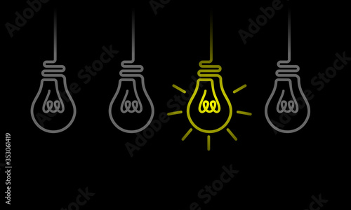 Set of hanging light bulbs from the ceiling with one glowing. Flat vector light bulb icons with concept of idea