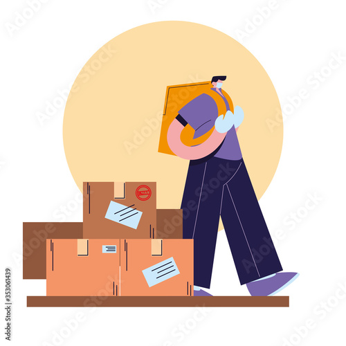 man couriers wearing face masks, gloves delivering packages