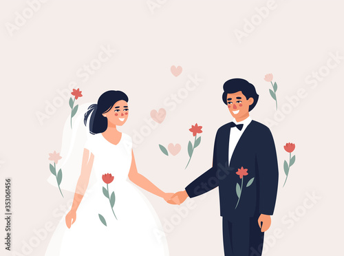 Vector ilustration of dark-haired  bride and groom hold each other's hands