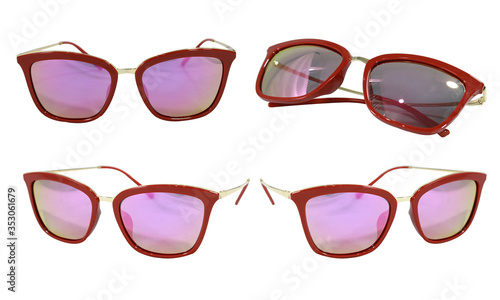 Set Summer Sun glasses of red plastic with polarized gradient isolated on white background. Collection fashion eye glasses stock photo