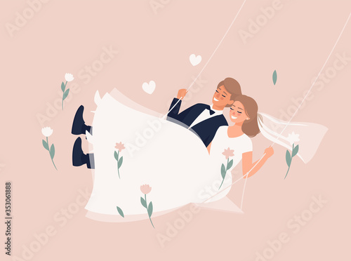Vector illustration of  blonde bride and groom swinging on a swing with flowers on the pale pink background
