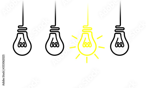 Set of hanging light bulbs from the ceiling with one glowing. Flat vector light bulb icons with concept of idea