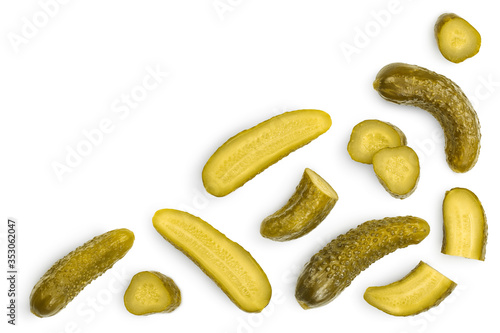 Marinated pickled cucumber isolated on white background with clipping path and full depth of field. Top view with copy space for your text . Flat lay