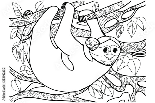 Coloring book with a sloth mom and baby. Zoo, fluffy lively on the vines. The sloth family. Drawing for children and adults. Print, packaging, textiles, wallpaper. Isolate on white. stock graphics