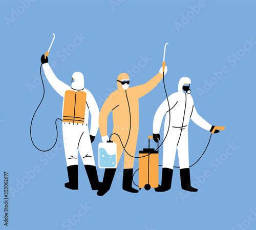 men wear protective suit, disinfection by coronavirus or covid 19