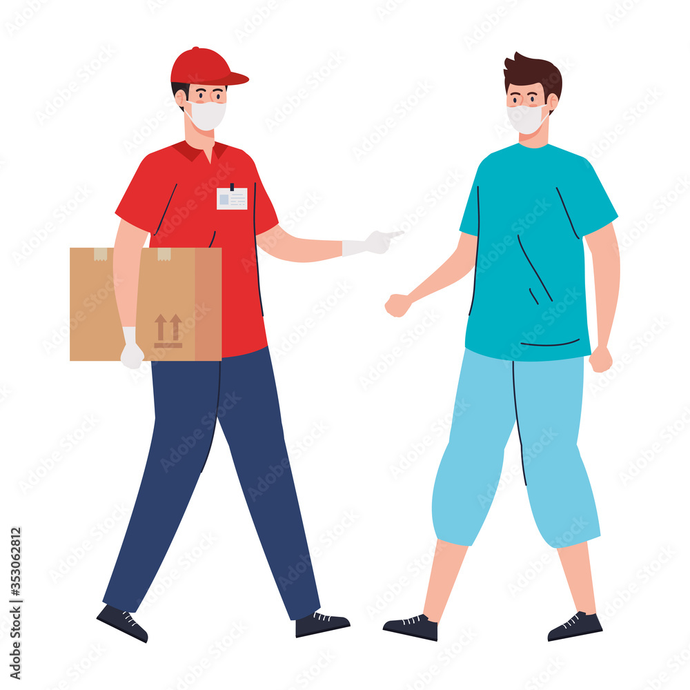 delivery of goods during the prevention of coronavirus, courier worker using face mask and customer vector illustration design delivery of goods during the prevention of coronavirus, courier worker using face mask and customer vector illustration design