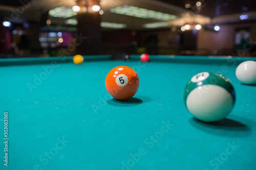 Colored billiard balls on a pool table.