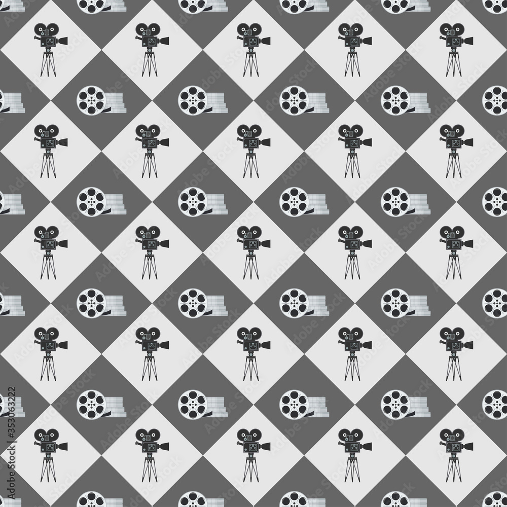 Fototapeta premium Cinema seamless pattern. Wallpaper with movie camera and film reel.