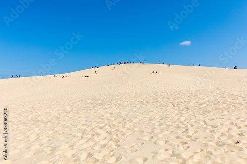 Fototapeta Naklejka Na Ścianę i Meble -   People on the Dune of Pilat, the tallest sand dune in Europe. La Teste-de-Buch, Arcachon Bay, Aquitaine, France
