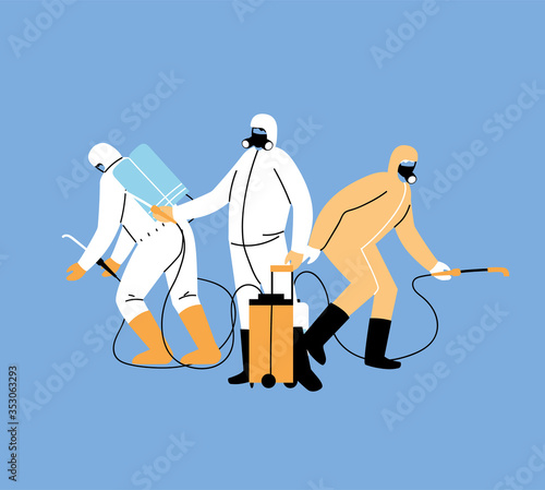 men wear protective suit, disinfection by coronavirus or covid 19