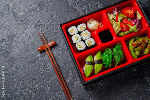 Japanese style lunch bento box with various vegeterian healthy food