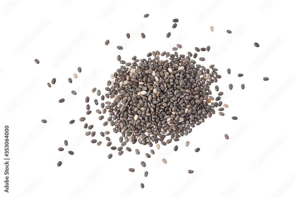 Chia seeds isolated on white background with clipping path and full depth of field. Top view. Flat lay. Chia seeds isolated on white background with clipping path and full depth of field. Top view. Flat lay.
