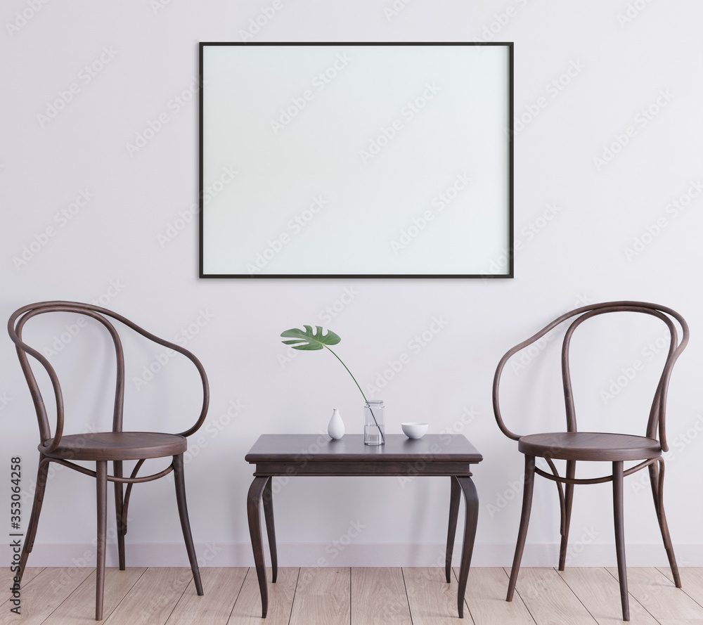 Mock up poster frame in Scandinavian style interior. Minimalist interior design. 3D illustration. 3D render Mock up poster frame in Scandinavian style interior. Minimalist interior design. 3D illustration. 3D render