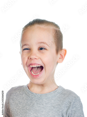 Young laughing caucasian boy isolated on white background