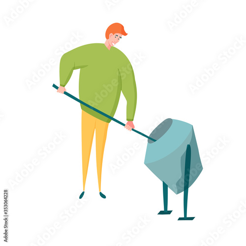 Concrete cement mixer worker in green sweater and yellow pants