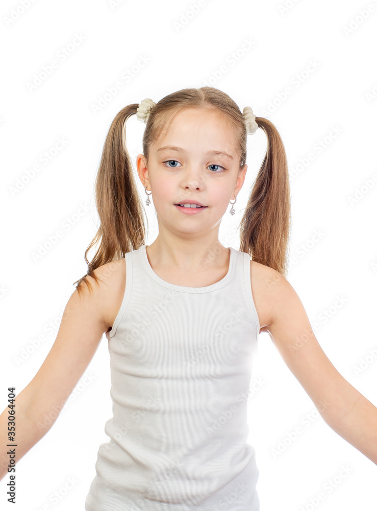 Young cute smiling girl with grey blue eyes and two hair tails isolated on white background Young cute smiling girl with grey blue eyes and two hair tails isolated on white background