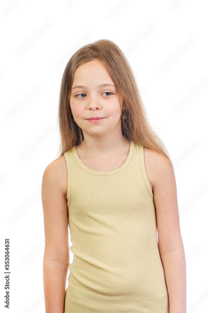 Young cute mysteriously smiling girl with long light brown hair isolated on white background Young cute mysteriously smiling girl with long light brown hair isolated on white background