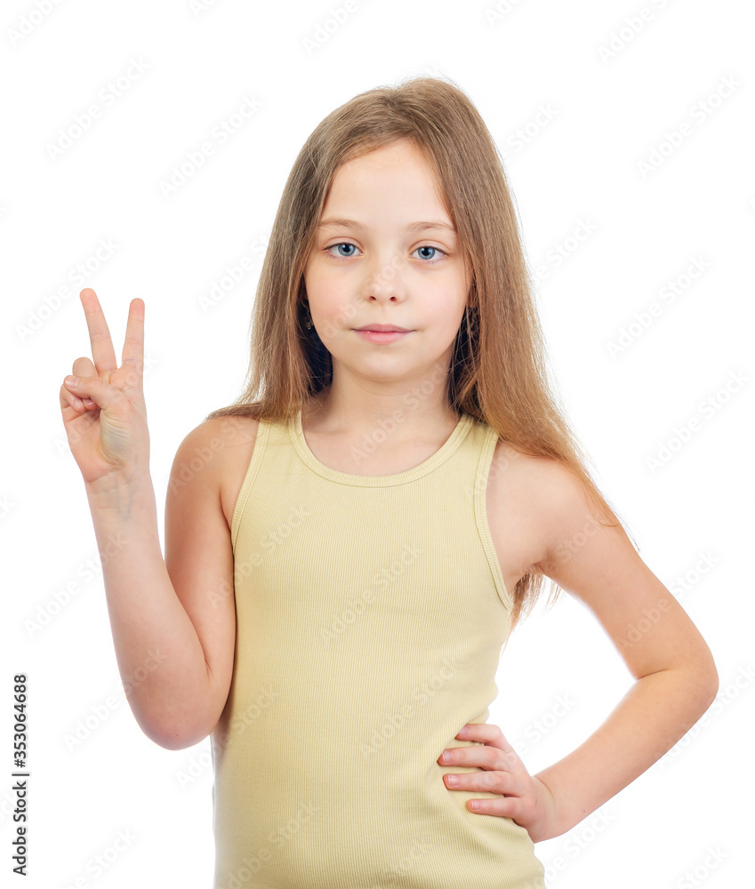 Young cute girl with long light brown hair shows victory sign isolated on white background Young cute girl with long light brown hair shows victory sign isolated on white background