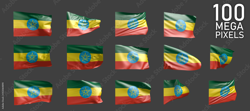 many various realistic renders of Ethiopia flag isolated on grey background - 3D illustration of object
