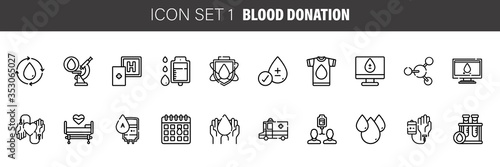 Hematology flat line icons set. Blood cell, vessel, sphygmomanometer, dna test, biochemical microscope vector illustrations. Outline signs for donor day