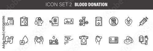 Hematology flat line icons set. Blood cell, vessel, sphygmomanometer, dna test, biochemical microscope vector illustrations. Outline signs for donor day