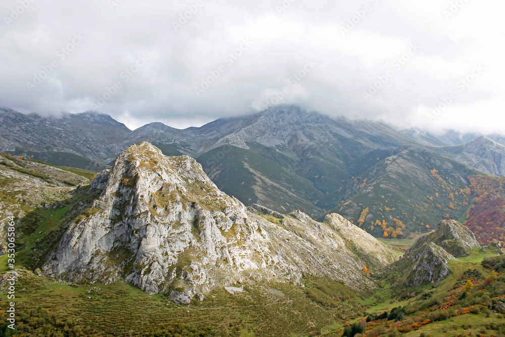 An autumn view of the landscape of the Babia y Luna Natural Park, in the north of the province of León, Spain.