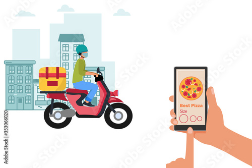 Pizza delivery during the coronavirus. Courier on a moped in a face mask with pizza delivery.