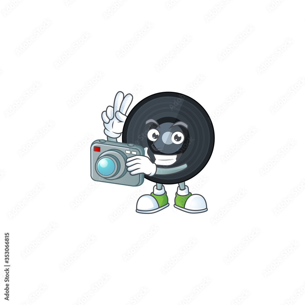 Music viynl disc photographer mascot design taking a picture with a camera Music viynl disc photographer mascot design taking a picture with a camera