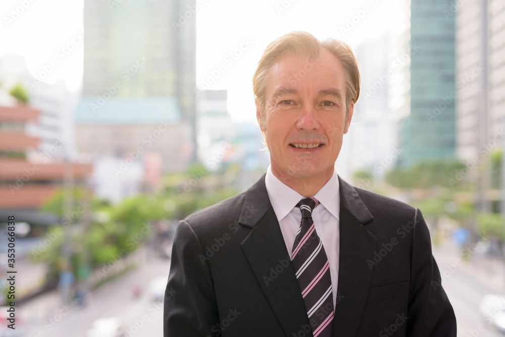 Mature handsome businessman in suit against view of the city Mature handsome businessman in suit against view of the city