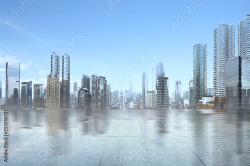 Empty terrace with modern cityscapes