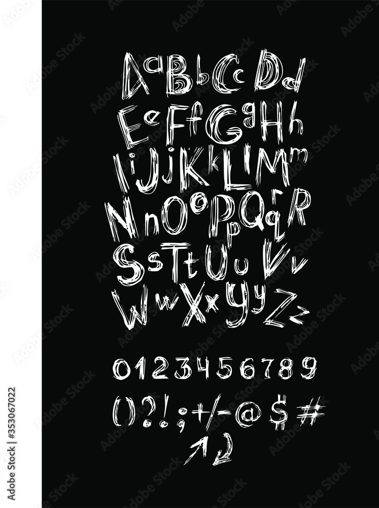 ABC, numbers and symbols drawn by hand. Set of handwritten stylish letters and characters. 