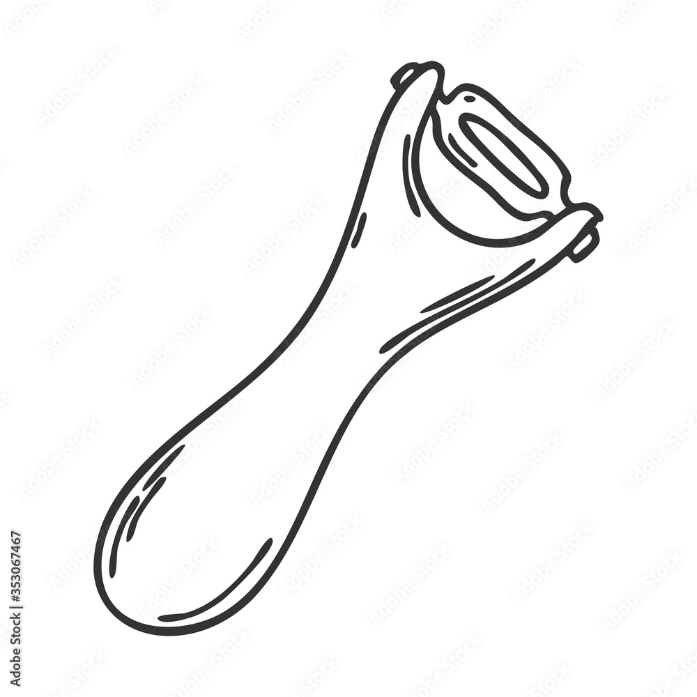 Doodle style peeler. Kitchen utensils, cookware. Design element for the design of magazines, packaging, menus, recipes. Hand drawn and isolated on white. Black and white vector. Doodle style peeler. Kitchen utensils, cookware. Design element for the design of magazines, packaging, menus, recipes. Hand drawn and isolated on white. Black and white vector.