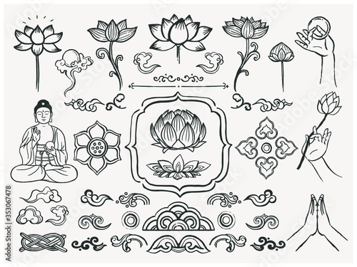 Set of hand drawn oriental elements. Black mandalas and lotus. Asian traditional design. 